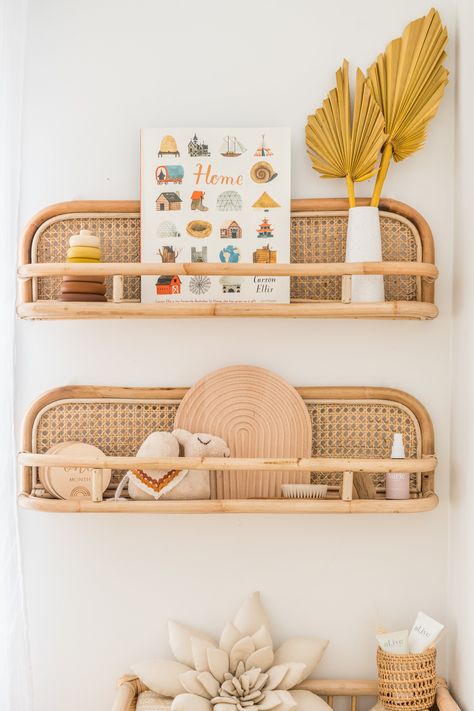 Maisie Jane's Nursery – Kiin ® White Tree Decorations, Rattan Shelves, White Tree Decorations Decorating Ideas, Bedroom Decor White, Desert Nursery, Natural Nursery, Boho Desert, Yellow Nursery, Adorable Nursery