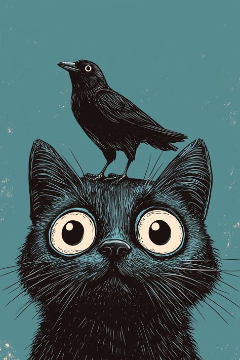 This whimsical canvas print captures the playful spirit of a curious black cat with oversized, expressive eyes, complemented by a crow perched atop its head. The vibrant turquoise background highlights the intricate linework and contrasting colors, creating a striking visual that draws the viewer's attention. Inspired by the charm of folk art, this piece brings a touch of quirky elegance to any space. Perfect for animal lovers and those seeking unique wall art to elevate their home decor, this a Folk Art Crow, Cat Portrait, Folk Art Cat, The Crow, Crow Art, Custom Canvas Prints, Quirky Art, Black Cat Art, Animal Companions