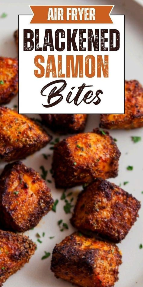 This quick and easy recipe for healthy Air Fryer Blackened Salmon Bites features tender, bite-sized pieces of salmon flavored with a bold and zesty blackened seasoning cooked up in your air fryer or Ninja Foodi in just 10 minutes or less! Use in salmon tacos, kabobs, salad, or rice bowls! Blackened Salmon Bites, Salmon Bites Recipe, Air Fryer Salmon, Healthy Air Fryer, Salmon Bites, Salmon Tacos, Blackened Seasoning, Blackened Salmon, Healthy Salmon Recipes