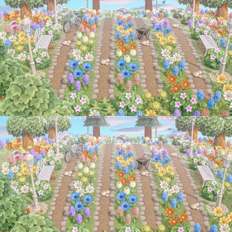 Acnh Wildflower Path, Acnh Wildflower Design, Acnh Heart Pond, Acnh Elegant Flower Garden, Acnh Flower Garden Cottagecore, Fairycore Orchard Acnh, Acnh Diagonal Flower Field, City Flowers, Happy Home Designer