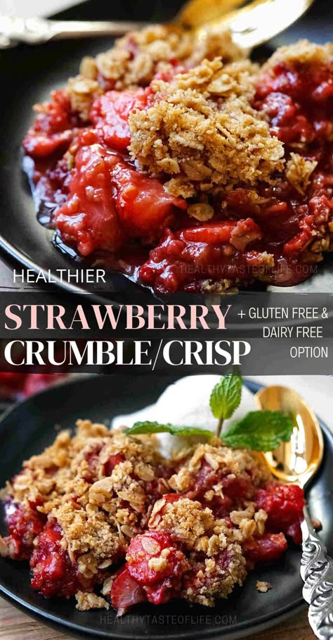 A delicious strawberry crumble recipe with healthier ingredients. This strawberry dessert comprises a caramelized strawberry filling topped with a mixture of rolled oats, sweetener, butter, and a touch of flour. It all goes into the oven and is baked until it’s golden brown, crisp and bubbly similar to a strawberry crisp. This strawberry crumble recipe can be made gluten free, dairy free, vegan and still taste delicious. #strawberrycrumble #strawberrycrisp #strawberrydessert #healthydessert Vegan Strawberry Cobbler, Gf Strawberry Rhubarb Crisp, Fresh Strawberry Crumble, Strawberry Rubato Crisp, Strawberry Rhubarb Crisp Gluten Free, Gluten Free Dairy Free Strawberry Dessert, Gluten Free Desserts With Strawberries, Strawberry Dairy Free Dessert, Using Up Strawberries