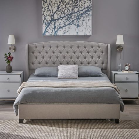 Light Gray Upholstered Queen Bed — Pier 1 Black King Bed, Queen Bed Set, Queen Upholstered Bed, Bedroom Dimensions, Queen Platform Bed, Bed Lights, Queen Bedding Sets, Noble House, Decoration Inspiration