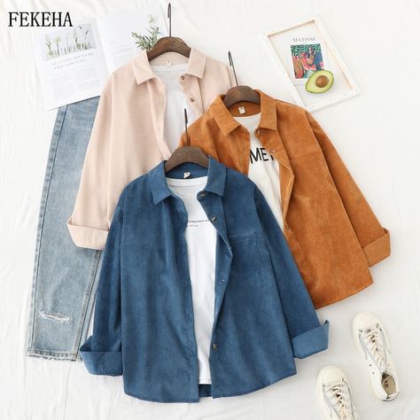 Smarter Shopping, Better Living! Aliexpress.com Spring Shirts Women, Corduroy Shirts, Aesthetic Plaid, Preppy Aesthetic Outfits, Corduroy Blouse, Lady Tops, Autumn Jacket Women, Casual Outwear, Straight Clothes