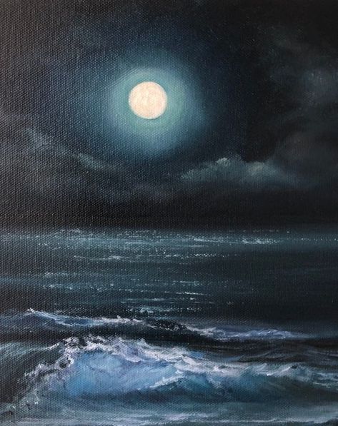 Moon Ocean Painting, Canvas Painting Ideas For Home Decor, Simple Sea Painting, Nighttime Watercolor, Midnight Sky Painting, Painting Ideas Sea, Blue Light Painting, Calming Paintings, Sea Canvas Painting