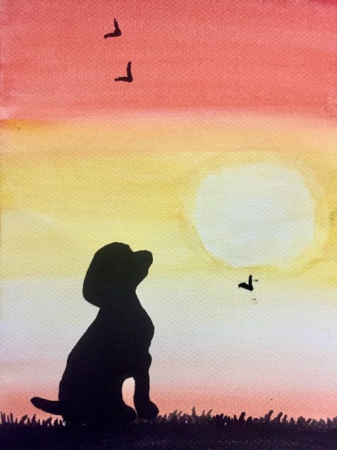 Our Beauty the beagle in sunset dog siloutte. Watercolor painting. Dog Shadow Painting, Easy Dog Paintings For Beginners, Sunset Siloutte, Sunset Painting Beginner, Puppy Painting Easy, Painting Dogs Acrylic, Easy Dog Paintings On Canvas, Easy Dog Painting, Simple Dog Painting