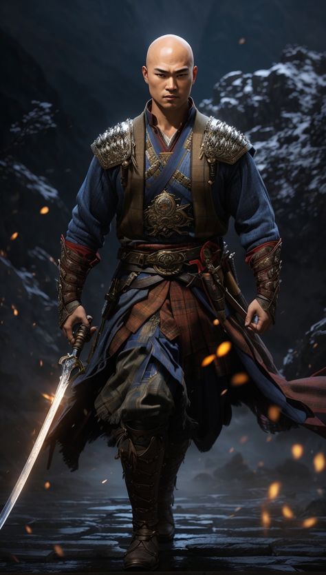 A bald Asian male in the iconic Highlander style. Bald Warrior, Asian Warrior, Skins Characters, Zodiac Characters, Japanese Warrior, Male Character, Human Male, Star Wars Artwork, Fantasy Male