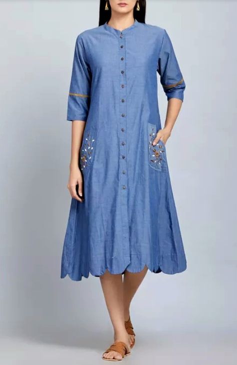 Beautiful Cotton denim shirt style  scalloped kurti/dress with hand embroidery on pocket and buttons detailing. Denim Kurtas Women, Denim Dress With Embroidery, Pocket Embroidery Kurti, Pocket Style Kurti Design, Pocket Kurti Design, Shirt Collar Kurti, Denim Kurti Designs, Stylish Kurti Design, Shirt Style Kurti