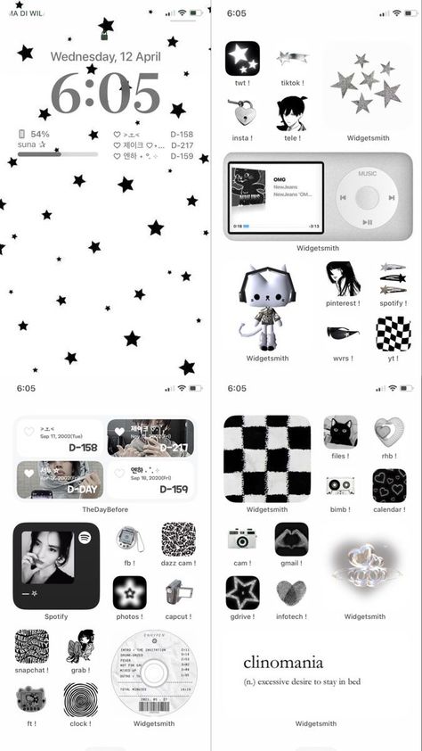 Black And White Aesthetic Phone Layout, Homescreen Widget Ideas Aesthetic, White Phone Theme Ideas, Phone Layouts Ideas, Star Ios Layout, Iphone Inspo Home Screen Ios 16, Black And White Widget Medium, This Or That My Type Template Tiktok, Phone Ideas Organization Aesthetic