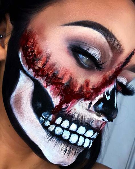 43 Cool Skeleton Makeup Ideas to Try for Halloween | Page 3 of 4 | StayGlam Liquid Latex Makeup Ideas, Skeleton Makeup Kids, Pretty Zombie Makeup, Cool Skeleton Makeup, Halloween Makeup Blood, Skeleton Makeup Ideas, Halloween Skeleton Makeup, Tatti Lashes, Spfx Makeup