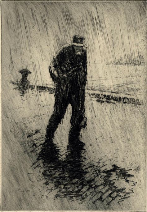 Paul F. Berdanier (1879-1961) etching, dry point A range of etching is used mainly hatching to create the atmosphere and cross hatching for the gentlemens body . Intaglio Printmaking, Dry Point, Drypoint Etching, Etching Prints, Cross Hatching, Printmaking Art, Wood Engraving, May 22, In The Rain