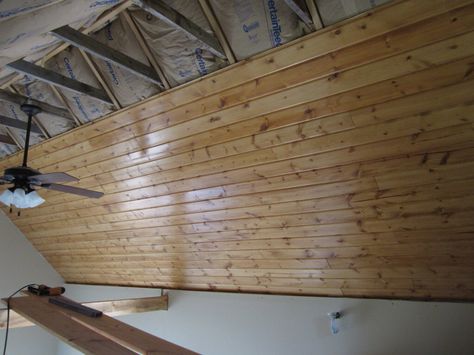 Finished garage ceiling Tongue Photo, Basement Ceiling Insulation, Ceiling Boards, Ceiling Planks, Garage Ceiling, Finished Garage, Garage Roof, Tongue And Groove Ceiling, Plank Ceiling