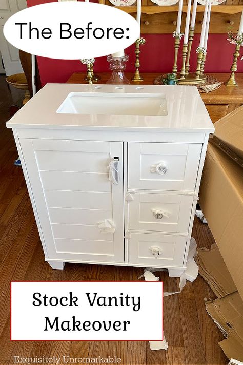 Bathroom stock vanity makeover Vanity Flip Ideas, Bathroom Vanity Diy Makeover, Bathroom Vanity With Wallpaper, Old Bathroom Vanity Makeover, Old Bathroom Vanity, Diy Bathroom Vanity Makeover, 42 Inch Bathroom Vanity, Cheap Bathroom Vanities, Cottage Style Bathrooms