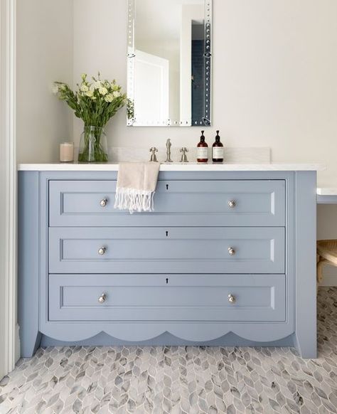 Bria Hammel Interiors on Instagram: "In a sea of blue at our #BHIxMiami Project. 🌊 This darling scalloped vanity deserves its main character spotlight in this bright and beautiful space! #31HuesOfWinterBlues #bhilivebeautifully​​​​​​⁣ ⁣ 📷: @spacecrafting_photography" Bria Hammel, Blue Bathroom Vanity, Blue Vanity, Southern House, Miami Houses, Beautiful Dining Rooms, Powder Rooms, Bathroom Trends, Girls Bathroom