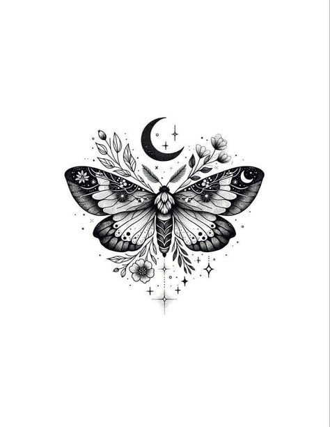 Liner Moth Tattoo, Butterfly Celestial Tattoo, Night Moth Tattoo, Beautiful Moth Tattoo, Moons And Stars Tattoos, Whimsical Moth Tattoo, Moth With Moon Tattoo, Celestial Art Tattoo, Moth Flowers Tattoo