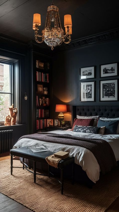 Create a Scholarly Refuge: Dark Cottagecore Academia Bedroom Ideas Maxamilist Interior, Dark Maximalist Bedroom, Dark Eclectic Bedroom, Eclectic Maximalism Bedroom, Moon Inspired Bedroom, Maximalism Bedroom, Cottagecore Bedrooms, Academia Bedroom Ideas, Dark Academia Bedroom Ideas