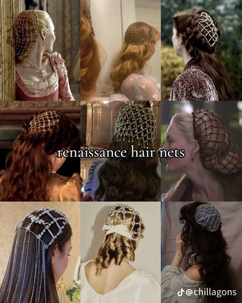 Ten Faire Hair, Antique Hair Accessories, Medieval Hairnet, 1500s Hairstyles, 1600s Hairstyles, Borgias Hair, Ornate Hairstyles, Hair Net Hairstyles, Witch Hair Styles