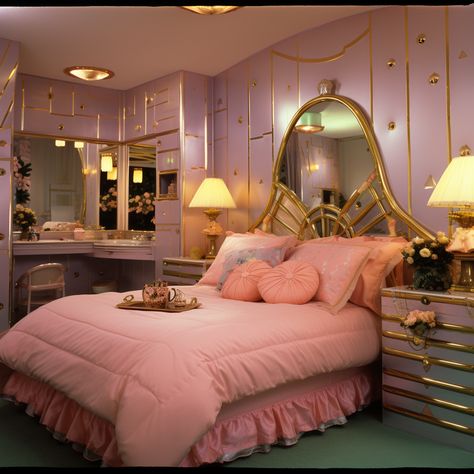 80s Girly Bedroom, 80s Decor Aesthetic, 1980s Interior Design Bedroom, 80s Luxury Bedroom, 80s Girl Bedroom, 80s Glam Bedroom, Retro Glam Bedroom, Vintage Glamour Bedroom, 80s Decor Interior Design