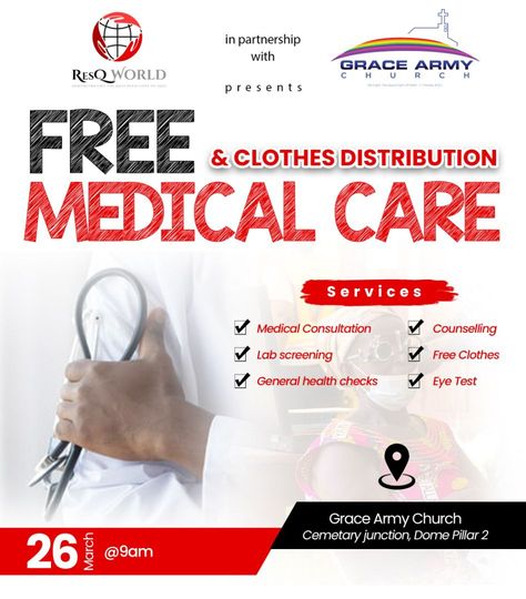 Medical Consultation, Eye Test, Health Screening, Screen Free, Health Check, Medical Care, Free Clothes, Flyer Design, Medical