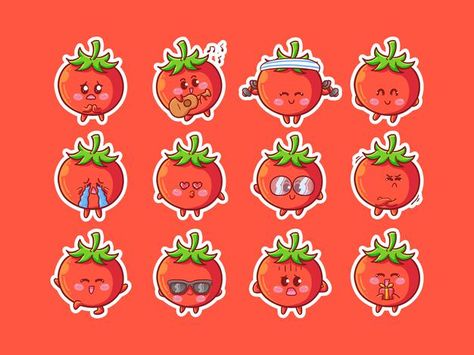 Kawaii Tomato, Logo Food Design, Tomato Character, Bright Illustration, Happy Expression, Emoji Set, Sticker Illustration, Mascot Design, Logo Food