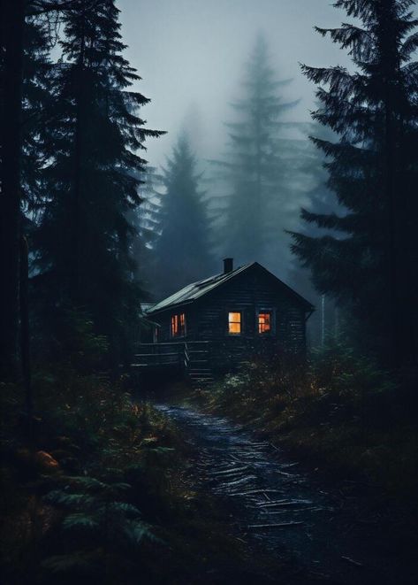 AI generated Wooden cottage in the foggy forest at night. Forest At Night, Dark Environment, Forest Cottage, Wooden Cottage, Foggy Forest, Night Forest, Halloween Inspiration, Dark Forest, At Night