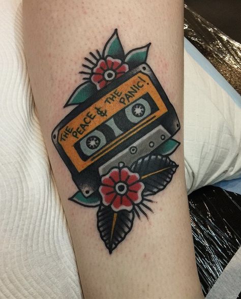 Cassette Tape Tattoo, Traditional Tattoo Music, Cassette Tattoo, Tape Tattoo, Traditional Tattoo Black And Grey, Australian Tattoo, Traditional Tattoo Flowers, Artists Studios, Tape Cassette