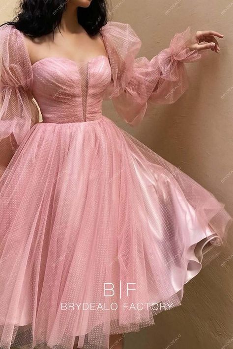 Marie Sleeve Dress, Tea Length Prom Dress With Sleeves, Cocktail Dress Tulle, Medium Prom Dresses, V Neck Dresses With Sleeves, Pink Tea Dress, Pink Birthday Dress Ideas, Cute Dresses For Birthday, Prom Dresses Mid Length