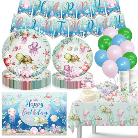 PRICES MAY VARY. 【WHAT WILL YOU GET】Under the sea party decorations include:1pcs blue sea life birthday banner, 6pcs blue balloons, 6pcs pink balloons, 4pcs green balloons, 1pcs sea turtle birthday backdrop, 1pcs shell birthday cake topper, 12pcs sea animals cupcake toppers, 20pcs 9’’ sea turtle dinner plates, 20pcs 7’’ sea life dessert plates, 20pcs turtle napkins, 20pcs sea turtle cups, 1pcs under the sea turtle tablecloth 【PREMIUM QUALITY】Our under the sea decorations are made of premium qual Turtle Birthday Theme, Under The Sea Turtle, Ocean Party Decorations, Under The Sea Party Decorations, Sea Party Decorations, Underwater Birthday, Backdrop Balloons, Birthday Plates, Under The Sea Decorations