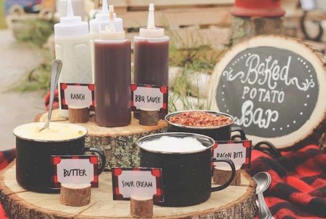 Baked Potato Bar, Lumberjack Birthday Party, Lumberjack Baby Shower, Potato Bar, Lumberjack Birthday, Lumberjack Party, Camping Birthday Party, Birthday Boys, Woodland Birthday