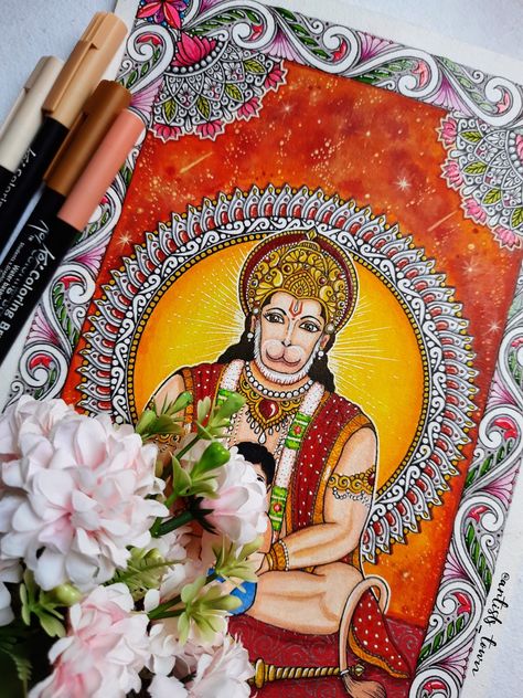 Hanuman Jayanti Mandala (Watercolour Painting)
#hanuman #happyhanumanjayanti #hanumanjayanti #hanumanjanmotsav #hanumanjayanti2023 #mandalapassion #mandala #art #aesthetic #aestheticpainting #godart #indianfolkart #indianart #artforsale #customisedart #watercolour #viral #sakuraproducts #panchmukhihanuman #watercolourpainting #brushpenart #lucknow #jaihanuman #mandalaartwork Painting With Brush Pens, Ma Meldi, Rainbow Drawing, Hanuman Jayanti, Divine Art, Brush Pen Art, Makeup Wallpapers, Krishna Drawing, Kerala Mural Painting