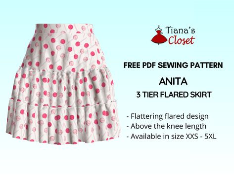 Anita 3 tier flared skirt – Free PDF sewing pattern – Tiana's Closet Tianas Closet, Sew Wardrobe, Tiered Skirt Pattern, Paper To Print, Blouses Pattern, Puff Sleeve Pattern, Circle Skirt Pattern, 3d Simulation, Skirt Patterns