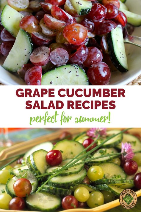 Simple, fresh, and cold, grape cucumber salads make the perfect summer side dishes that are light and refreshing.  Sweet California grapes pair deliciously with cucumbers and vinegar in these recipes.  #grapes #cucumber #salad #simple #delicious #vinegar #recipes #easy #best #sweet #recipesvinegar #fresh #cold #perfect #sidedish #light #quick #refreshing #summer #grapecucumbersalad Cucumbers And Vinegar, Cucumber Salad Recipes, Cucumber Salads, Vinegar Recipes, Salad Simple, Sweet California, Cucumber Salad Recipe, Grape Recipes, Grape Salad