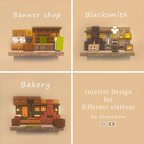 Here are some Designs for different crafting stations :) Hope you enjoy :3 : Minecraftbuilds Bakery Interior Design, Minecraft Shops, Bakery Interior, Minecraft Structures, Minecraft Interior Design, Minecraft House Plans, Bangunan Minecraft, Minecraft Cottage, Minecraft House Tutorials