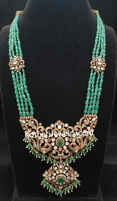 Uncut Long Haram, Victorian Locket Gold, Green Beads Long Haram Gold, Victorian Sets Gold, Emerald Beads Jewelry Indian Gold, Emerald Beads Haram, Victorian Long Haram, Victoria Gold Jewellery Design, Victorian Beads Jewelry