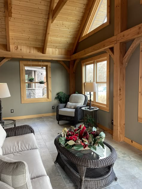 Cabin Bedroom Wall Color, Post And Beam Wall Colors, Indoor Cabin Paint Colors, Wall Colors For Cabin, Cabin Wall Paint Colors, Log Cabin Wall Colors, Lake Cabin Interiors Living Room, Update Log Cabin Interior, Cedar Walls Interior Bedroom