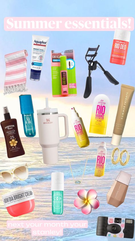 #summeressentials #summer #aquaphor #waterproofmakeup #stanley #beachy #sunscreen #summerfridays #lipgloss #soldejaneiro #sand Summer Needs Products, Must Have Beauty Products, Summer Items, Waterproof Makeup, Summer Fridays, Summer Essentials, Sunscreen, Lip Gloss, Beauty Products