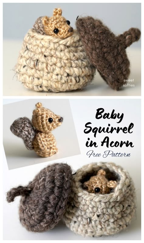 Amigurumi Baby Squirrel in Acorn Crochet Free Pattern - Crochet & Knitting Micro Amigurumi Free Pattern, Crocheted Turkey, Crochet Unique, Confection Au Crochet, Crochet Animals Free Patterns, Baby Squirrel, Baby Mouse, Crochet Animal Patterns, Fun Crochet Projects