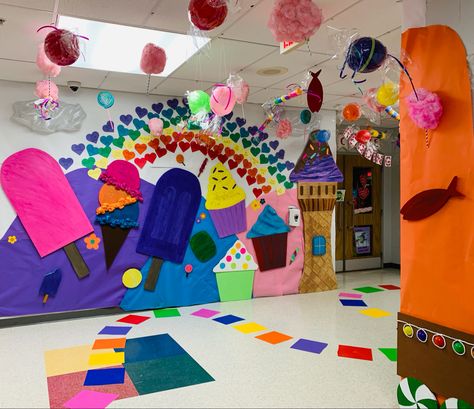 Candyland School Decorations, Reading Land Book Fair, Candyland School Hallway, Candy Themed Bulletin Boards, Candyland Book Fair Theme, Hallway Themes For School, Candy Land Book Fair, School Hallway Themes, Candy Land Hallway Theme