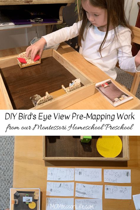 DIY Bird's Eye View Pre-Mapping Work from our Montessori Homeschool Preschool Montessori Preschool Math, Practical Life Montessori Preschool, Montessori Centers, Montessori Homeschool Preschool, Montessori Culture, Montessori Approach, Nature Preschool, Montessori Work, Homeschool Nature Study