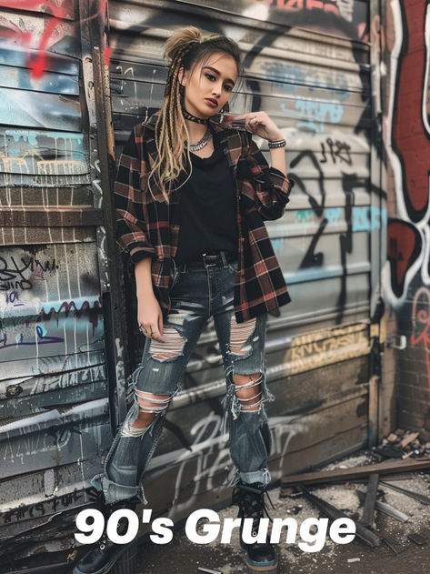 Nail the 90s grunge look with this layered outfit: ripped jeans, a black t-shirt, flannel shirt, and combat boots. Perfect for urban explorers with an edgy style. Goth Flannel Outfit, Grungy Fall Outfits, 2000s Grunge Outfits, Edgy Outfits Grunge, Casual Edgy Outfits, Outfit Ripped Jeans, 90s Grunge Outfits, Vampire Fashion, Layered Outfit