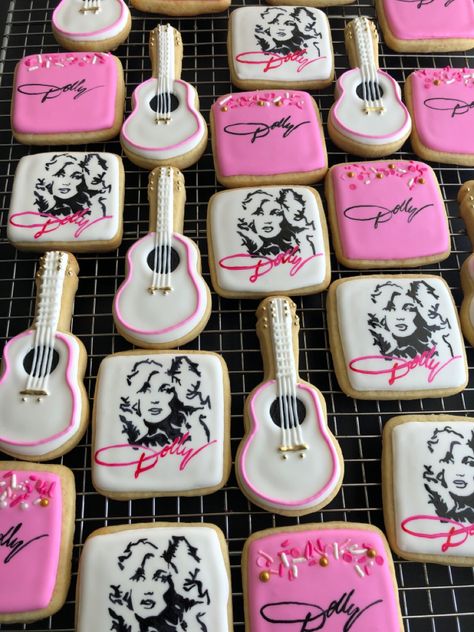 Handpainted, royal icing sugar cookies Nashville Birthday Cookies, Dolly Parton Graduation Party, By Dolly Shes One Party, What Would Dolly Do Party, Dolly Parton Cookies Decorated, Dolly Parton Kids Birthday Party, Dolly Parton Birthday Party Ideas, Dolly Parton Themed Bachelorette Party, Dolly Parton First Birthday