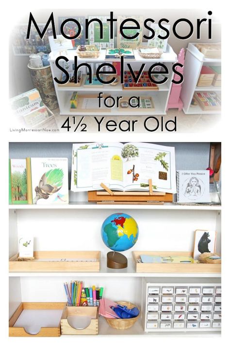 Ideas for preparing Montessori shelves at home for a 4½ year old with or without classic Montessori materials - Living Montessori Now #preschool #homeschool #Montessori #Montessorihomeschool Montessori Shelves, Montessori Trays, Preschool Montessori, Montessori Kindergarten, Montessori Shelf, Montessori Parenting, Montessori Lessons, Montessori Playroom, Montessori Room