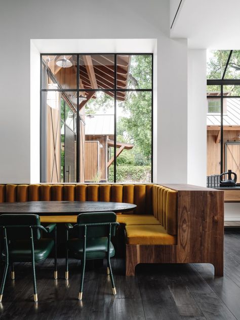 Eames Coffee Table, Beautiful Pantry, Little Beach House, Walnut Shelves, Brown Leather Sofa, Austin Homes, Banquette Seating, Timber Cladding, Open Living Room