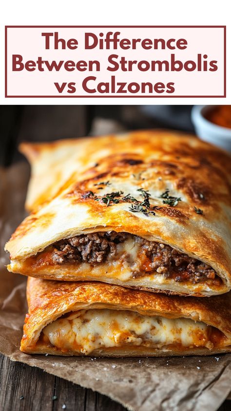 A side-by-side comparison of a stromboli and a calzone, showcasing their distinct shapes and golden-brown crusts, with cheese and meat fillings visible. Calzone Crust Recipe, Italian Calzones With Pizza Dough, Calzone Filling Ideas Ricotta, How To Make A Calzone, Easy Calzones With Pizza Dough, Calzones With Pizza Dough Pillsbury, Calzone Filling Ideas, Taco Calzone, Calzones With Pizza Dough