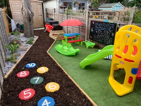 Mini Playground Backyard, Small Side Yard Play Area, Daycare Landscaping Ideas, Play Garden For Kids Diy Backyard Ideas, Outdoor Sensory Area Play Spaces, Fake Grass Play Area For Kids, Home Daycare Backyard Ideas, Outdoor Toddler Play Area Backyard Ideas, Simple Outdoor Play Area