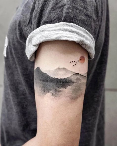 Mountain Leg Sleeve Tattoo, Landscape Tattoos, Collage Tattoo, Our Mindful Life, Landscape Tattoo, Geniale Tattoos, Arm Band Tattoo, Tattoo Ideas Female, Painting Tattoo