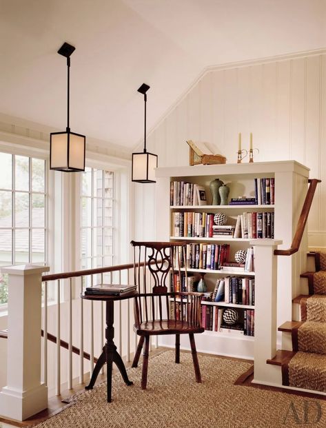 Space Above Stairs, Upholstered Window Seat, Blue And White Lamp, Stair Nook, Landing Ideas, Staircase Landing, Stair Landing, Nook Ideas, Pinterest Style