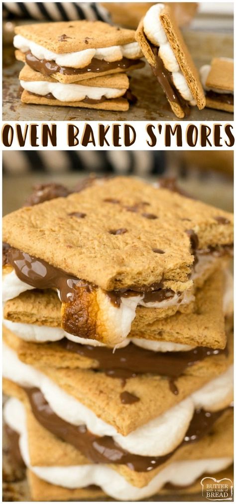 Smores in the Oven are the perfect way to make oven baked s'mores for a crowd, without the campfire! Have this classic summer dessert anytime of year! Try it as a s'mores dip if you feeling fancy. Oven Smores, Baked Smores, Smores Dessert, Smore Recipes, Chocolate Marshmallow, Desserts For A Crowd, S'mores, Snacks Für Party, Köstliche Desserts