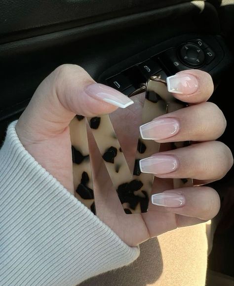 Coffin Square French Tip Nails, French Tip Nails Clear Base, Square Gel French Nails, Nails Inspiration White Tip, Square French Tip Outline Acrylic Nails, Clear Coat Acrylic Nails, Square Coffin French Nails, Micro French Tip Nails Coffin, Long Square Wedding Nails