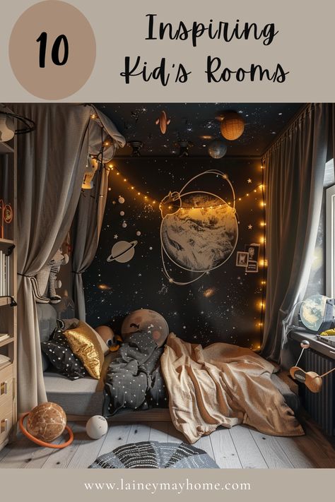 Transform your child's space into a magical retreat with our guide to 10 inspiring kid's rooms! From whimsical themes to cozy nooks, discover creative ideas that will make your little ones never want to leave. Perfect for parents looking to create a special place filled with joy, imagination, and comfort. Get inspired and start your child's room makeover today!
#InspiringKidsRooms #homedecor #interiordesign #family #homeideas Neutral Space Theme Bedroom, Magical Toddler Room, Toddler Boy Space Theme Bedroom, Boys Basement Bedroom Ideas, Whimsical Boys Room, Boy Room Themes Kids, Space Theme Boys Room, Space Toddler Room, Dark Playroom