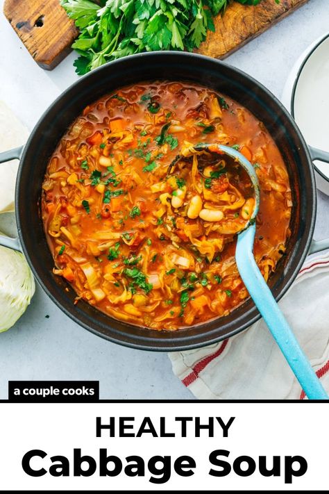 This cabbage soup recipe is easy with big, bold flavor! Cozy up to a bowl of this veggie-packed healthy soup. #cabbagesoup #cabbagesouprecipe #cabbagerecipe #healthysoup #heartysoup Healthy Cabbage Soup, Healthy Cabbage, Easy Cabbage Soup, Cabbage Soup Recipe, Vegan Brunch Recipes, Grilled Cabbage, Winter Salad Recipes, Daniel Plan, Salad Dressing Recipes Healthy